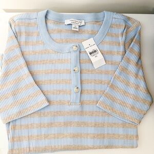 Ann Taylor Weekend Light Blue and Beige Buttoned Tee